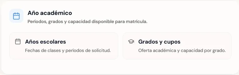 Vista de configuración de año académico y cupos en UpperSeat