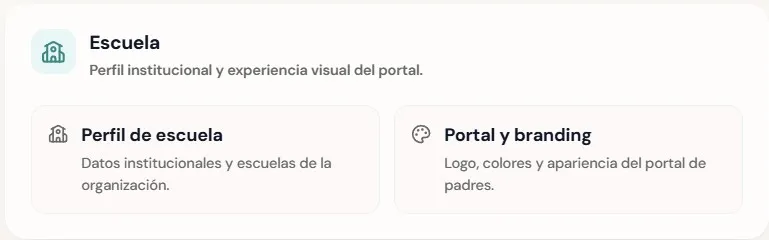 Vista de configuración de escuela y branding del portal en UpperSeat